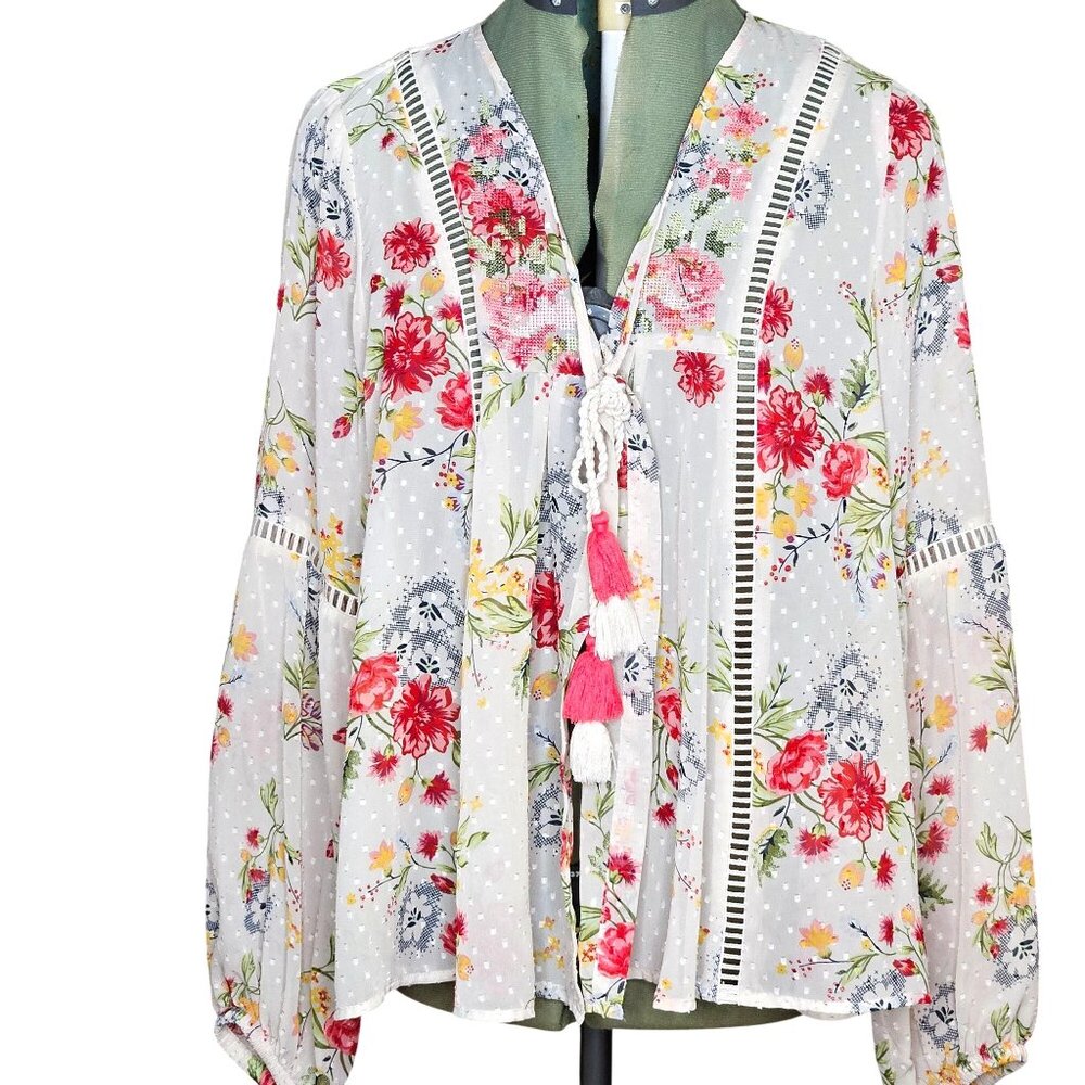 Woman's boho sheer tie up whimsy floral romantic cover up peasant top size M